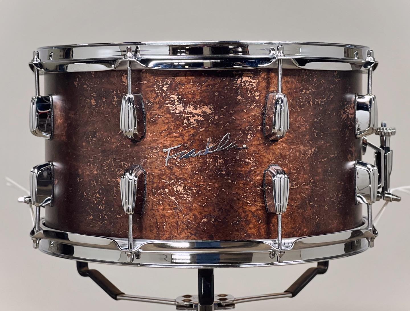 Franklin Copper Snare with field patina finish in 8x14 with stacked lugs and triple flange hoops.