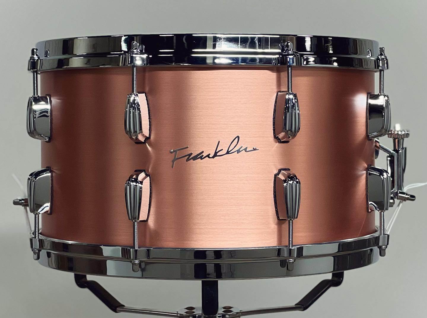 Franklin Copper Snare with brushed finish in 8x14 with walled shell, stacked beavertail lugs, and die-cast hoops.