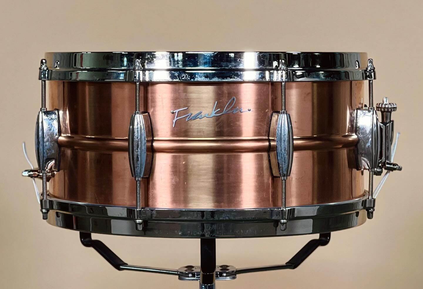 Franklin Copper Snare with raw finish in 6.5x14 with beaded shell, aged hardware, and die-case hoops.